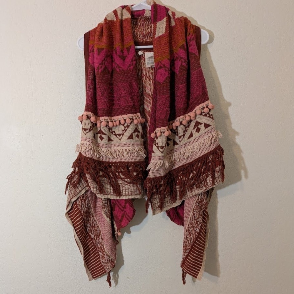 Moth Anthropologie Jacquard Boho Sweater Geometric Pom Pom Fringe Knit Vest XS S